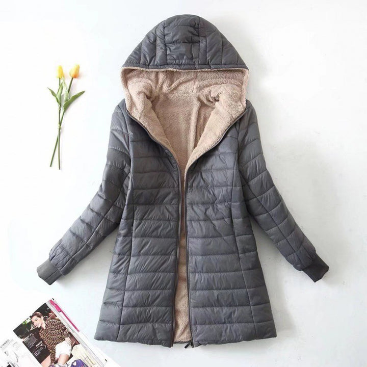Veste Femme Matelassée Coton – Capuche Doublée Polaire Mi-Longue