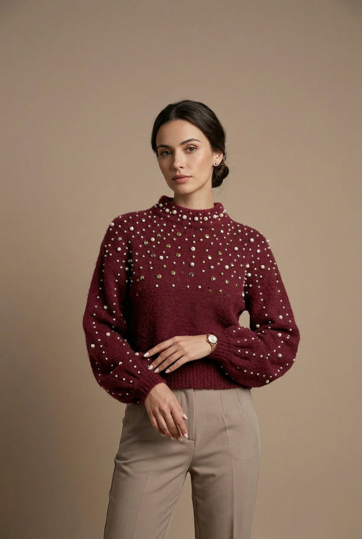 Pull Femme Col Rond Maille – Détail Perlé Manches