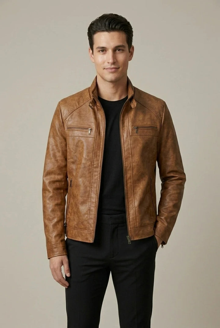 Veste Homme Col Montant – Fermeture Zippée Finition Similicuir