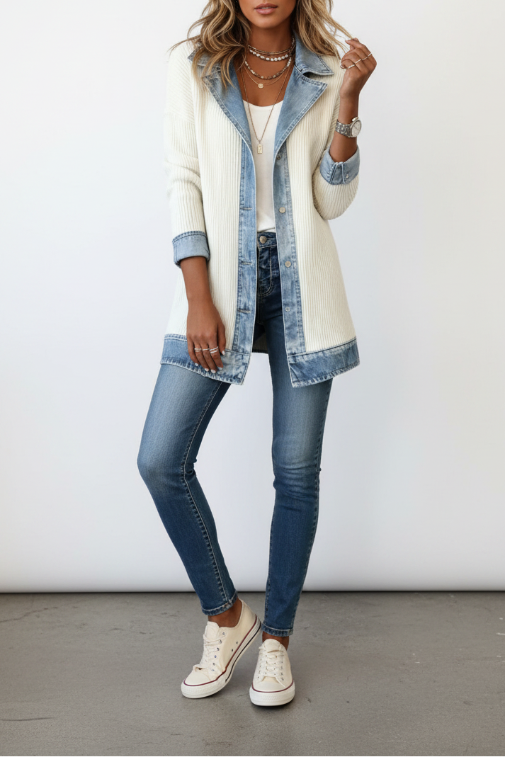 Damen-Patchworkmantel mit Reverskragen – taillierter Schnitt im Retro-Stil