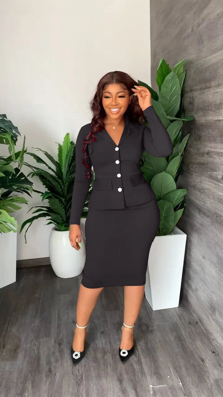 Tailleur Deux Pièces Femme – Veste Col Chemise &amp; Jupe Mi-Longue