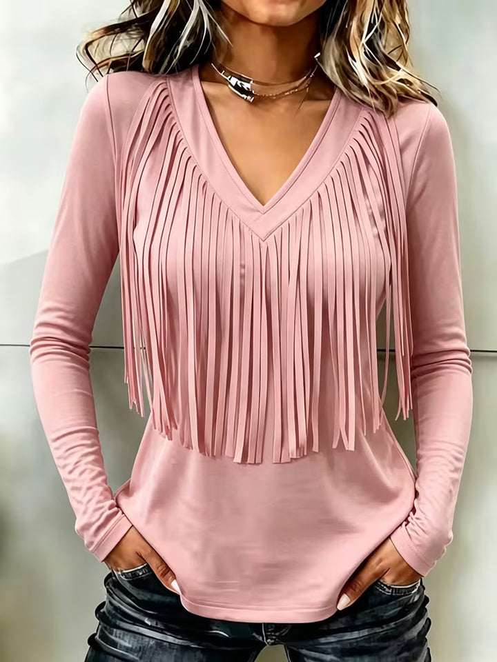 Haut Femme à Franges – Col V Manches Longues Style Western