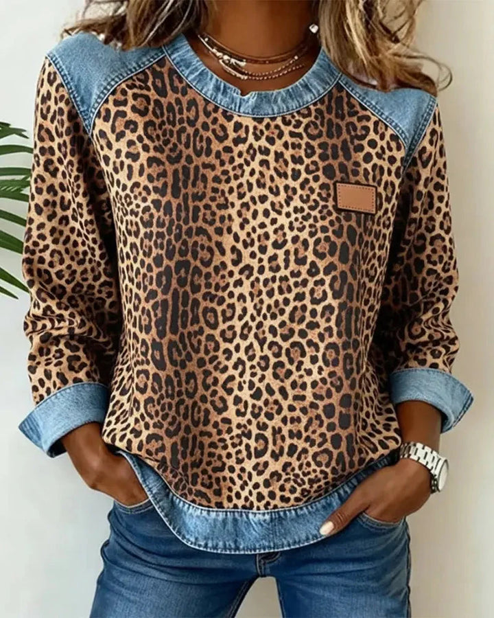 Patchwork-Sweatshirt für Damen – Rundhalsausschnitt, geprägtes Blumenmuster