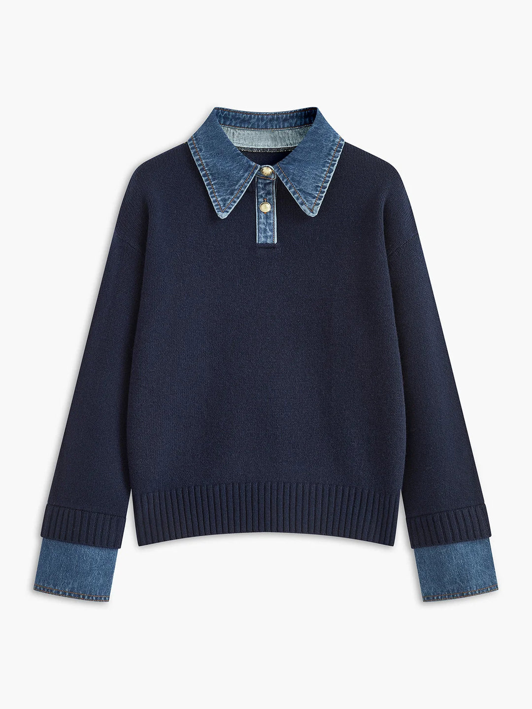 Damenpullover aus Strick mit Lagenlook – Hemdkragen aus Denim