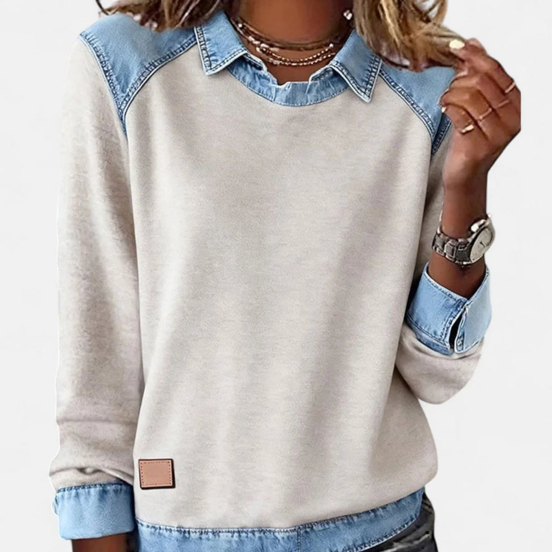 Damenpullover aus Strick – Hemdkragen aus kontrastierendem Denim