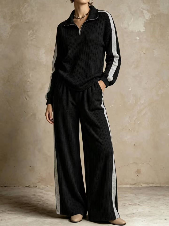 Ensemble Deux Pièces Femme Maille Côtelée – Haut Zippé &amp; Pantalon Large