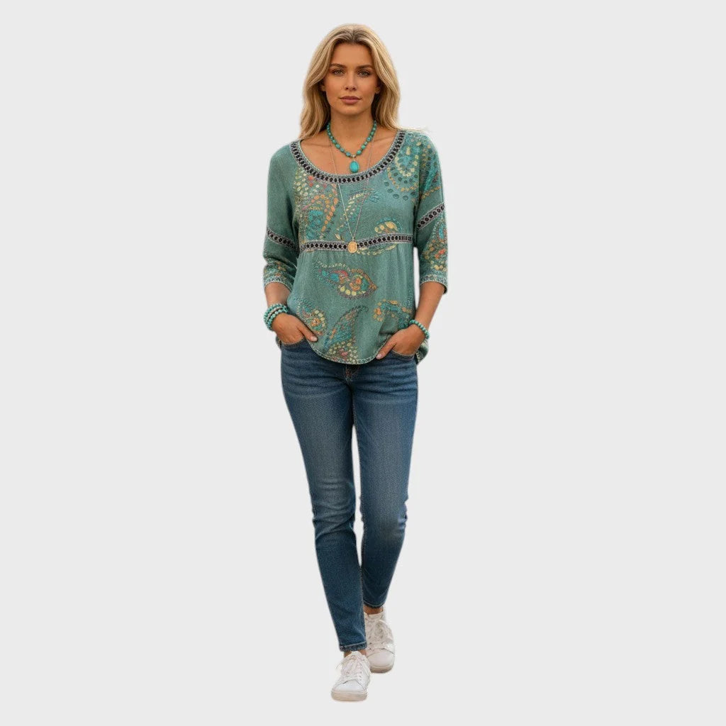 Damenoberteil mit 3D-Blumenmuster – Rundhalsausschnitt, lässiger Schnitt