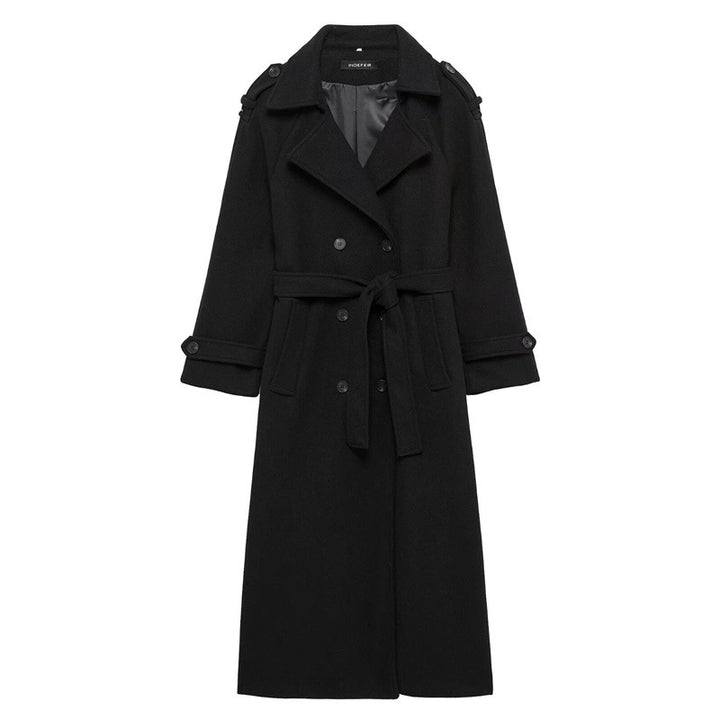 Manteau Long Femme Laine Mélangée – Ceinture &amp; Col à Revers