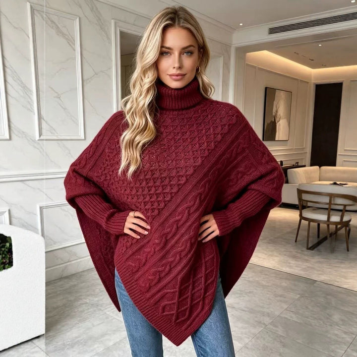 Sweaterponcho til Dame med høj hals – Asymmetrisk silhuet