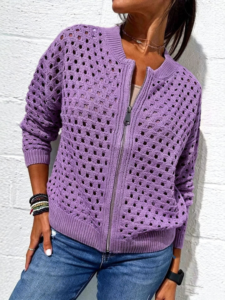 Cardigan Femme en Maille – Col Rond Zippé Léger Ajoure