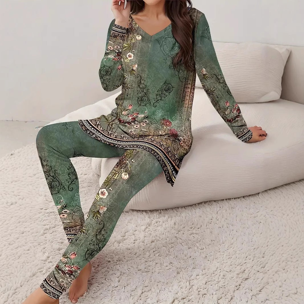 Vintage Two-Piece Women’s Set – Floral V-Neck Top &amp; Leggings