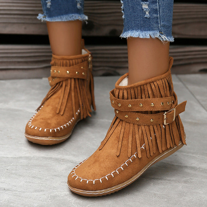 Damenstiefeletten aus Veloursleder – Lässige Fransen &amp; flacher Absatz