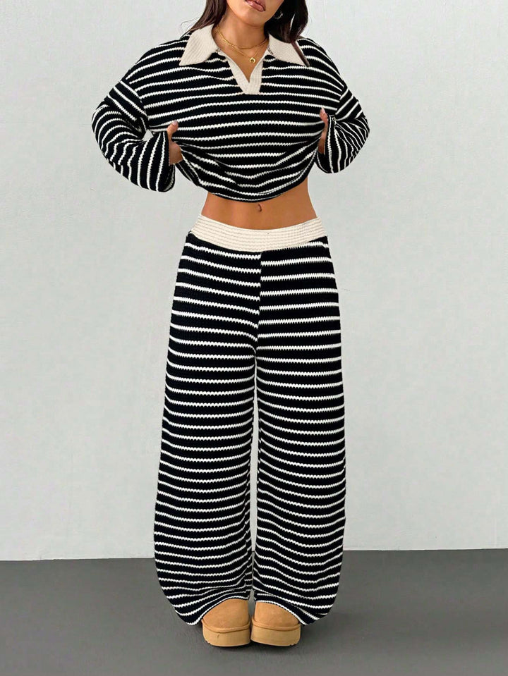 Ensemble Deux Pièces Femme Rayé – Maille Décontractée Pantalon Large