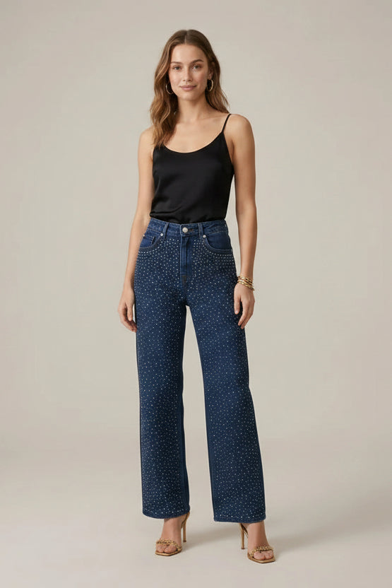 Pantalón de mujer de denim de algodón – Corte recto, detalle de strass