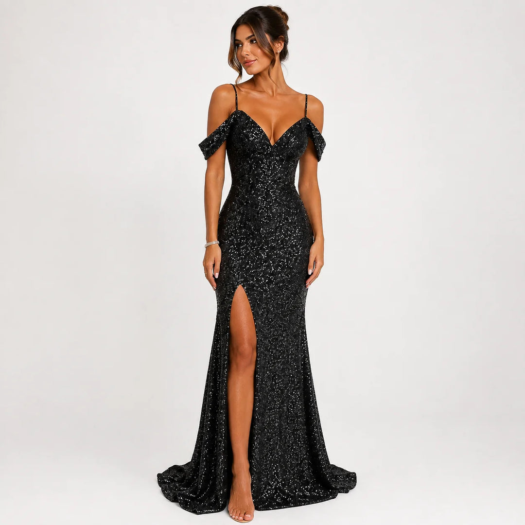 Robe Longue Femme à Sequins – Coupe Épaules Dénudées