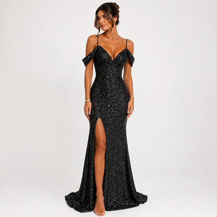 Robe Longue Femme à Sequins – Coupe Épaules Dénudées