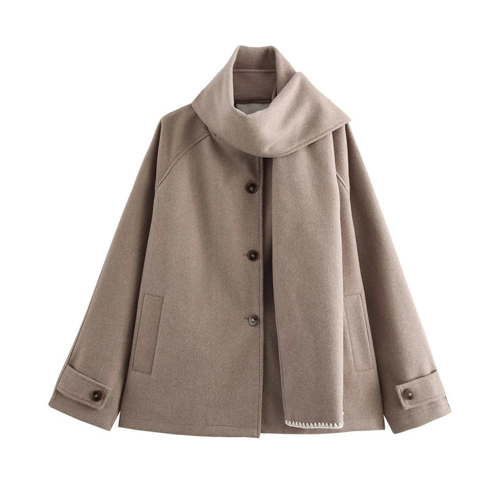 Manteau Court Femme Col Écharpe Amovible – Coupe Large