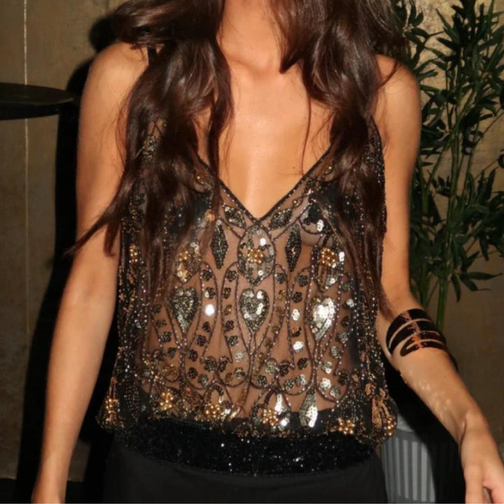 Top donna in mesh decorato – Scollo a V senza maniche effetto gioiello