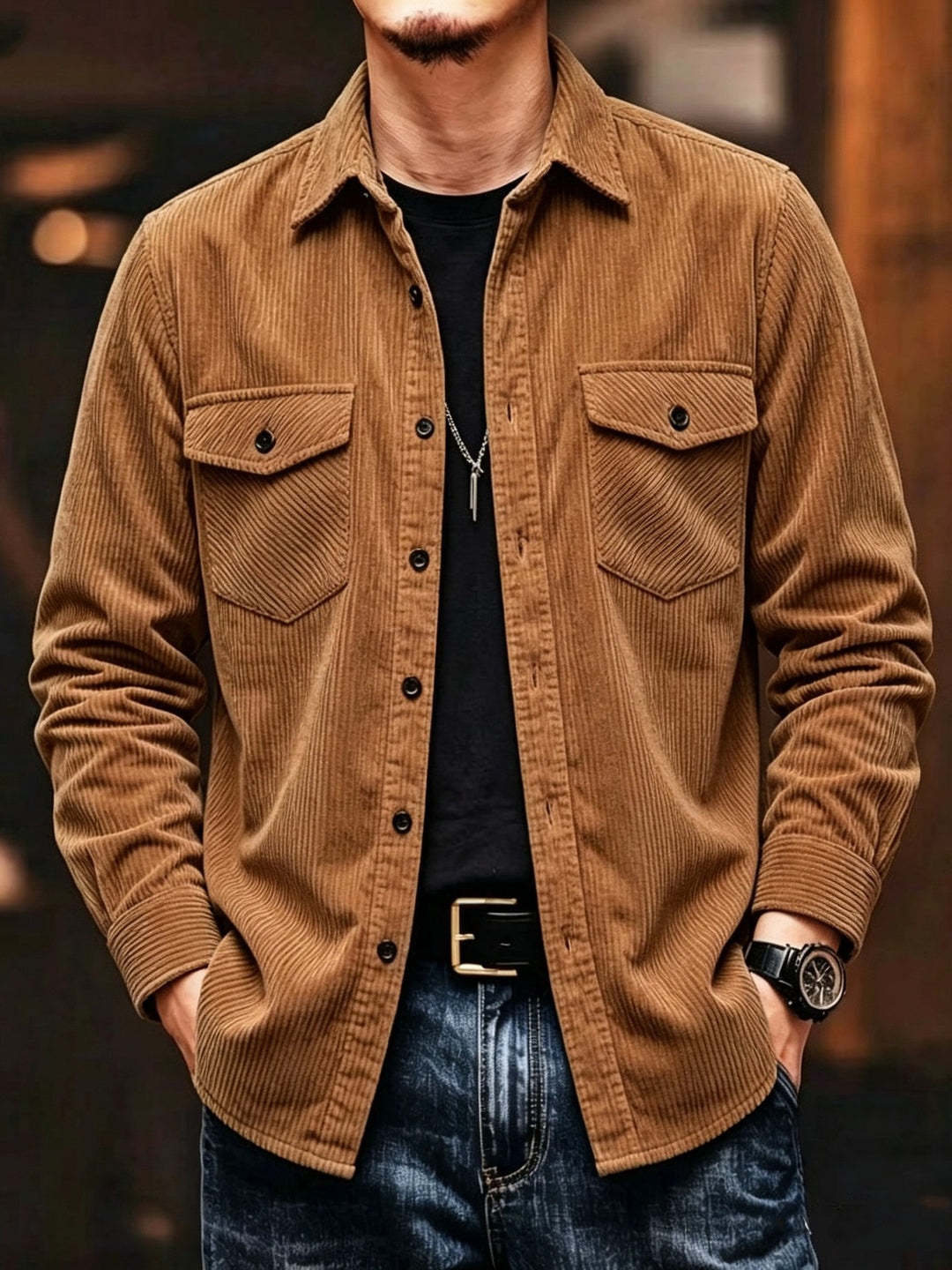 Veste Homme Effet Velours Côtelé – Coupe Ajustée à Col Revers