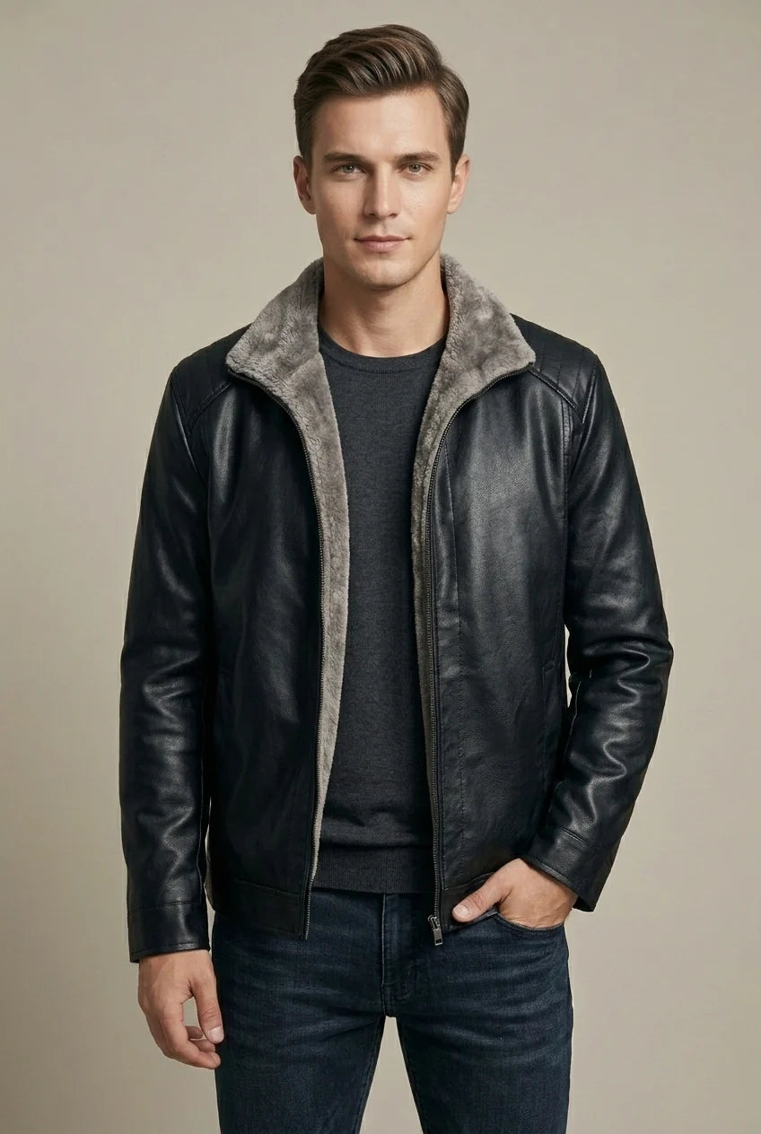 Veste Homme en Cuir Véritable – Doublure Polaire, Coupe Décontractée