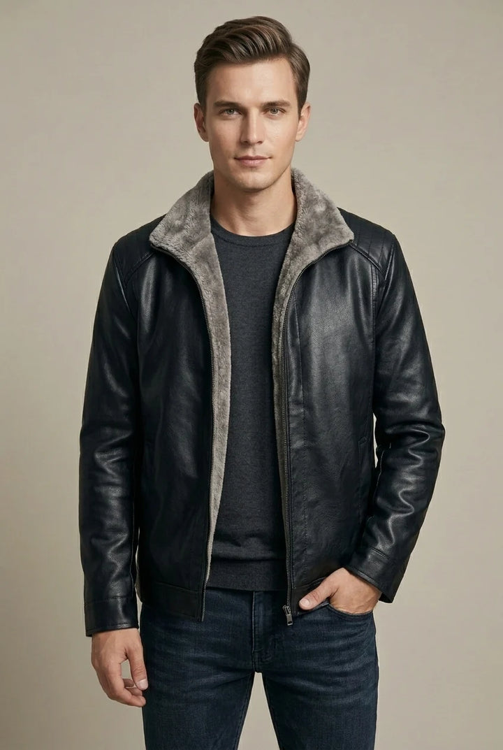 Veste Homme en Cuir Véritable – Doublure Polaire, Coupe Décontractée