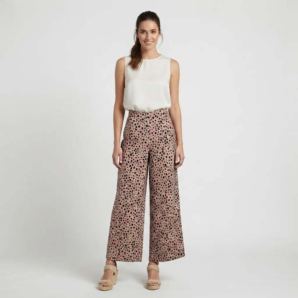 Pantalon Large Femme Imprimé Léopard – Taille Haute Coupe Swing