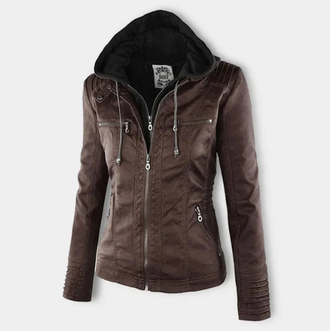 Vegane Motorradjacke für Damen – taillierter Schnitt mit abnehmbarer Kapuze