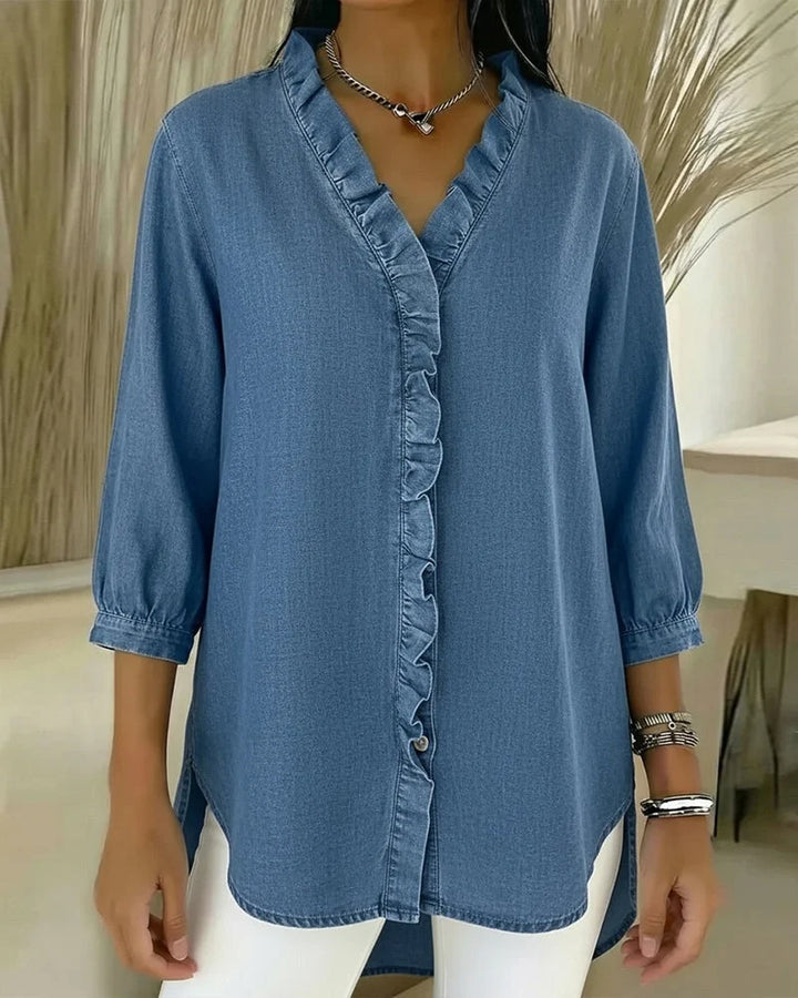 Damenbluse im Denim-Stil – V-Ausschnitt, Volants, gerader Schnitt
