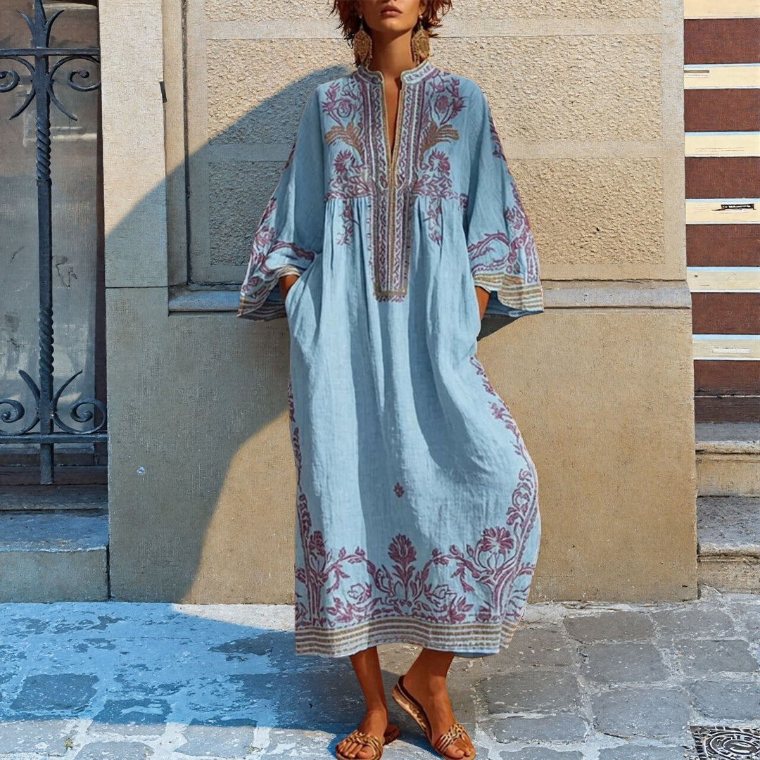 Robe Longue Femme Bohème Col V – Coupe Décontractée Imprimée