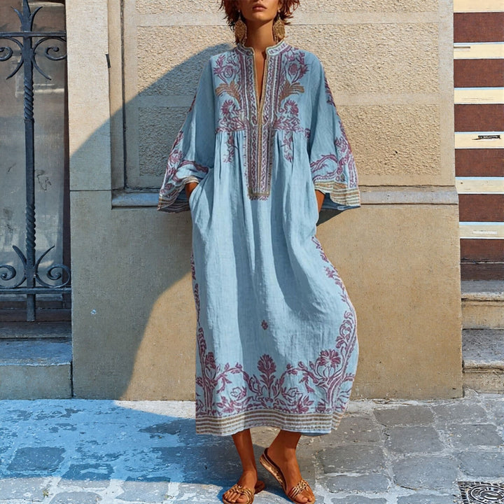 Robe Longue Femme Bohème Col V – Coupe Décontractée Imprimée