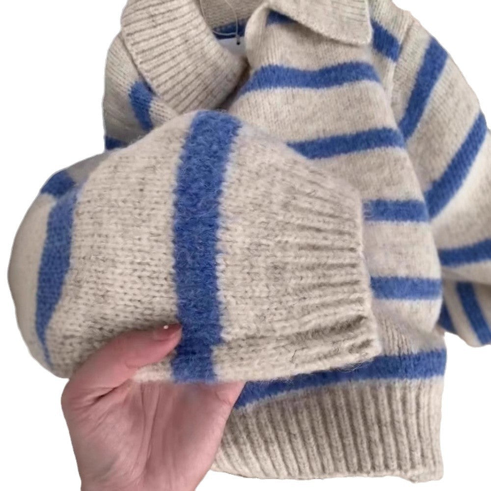 Pull Femme Rayé en Maille – Col Polo Coupe Décontractée