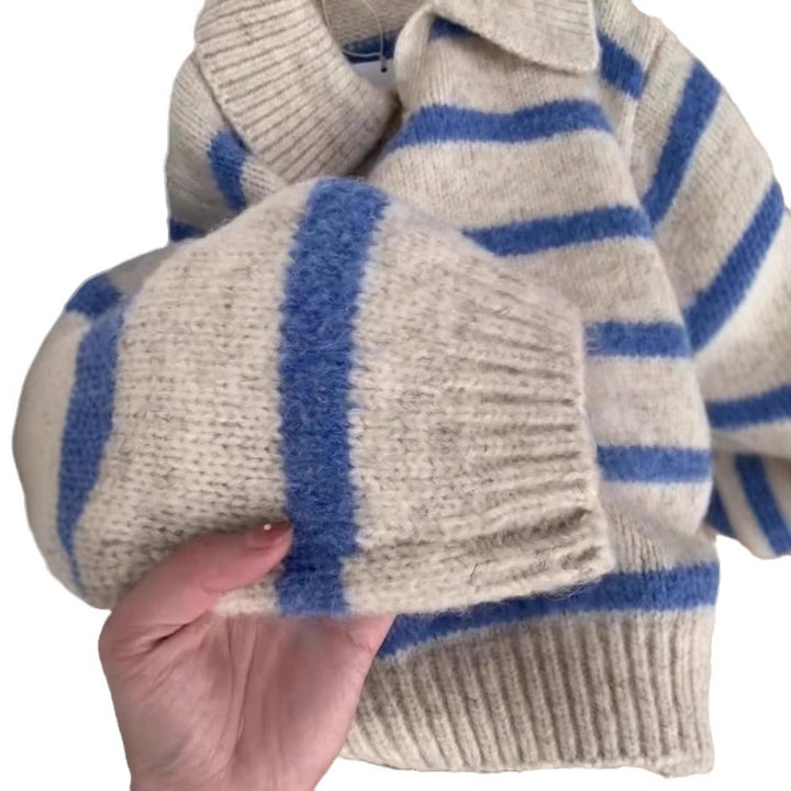 Pull Femme Rayé en Maille – Col Polo Coupe Décontractée