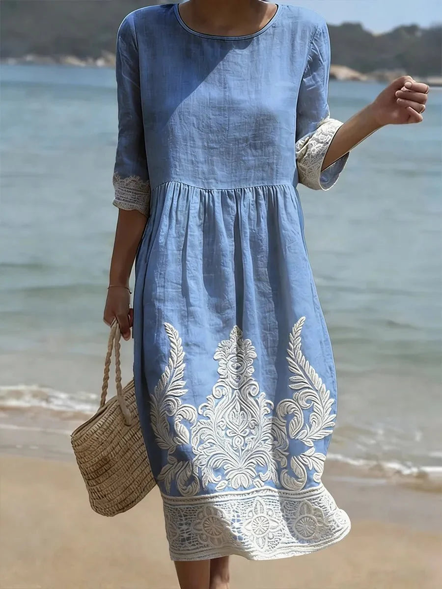 Midi-Kleid für Damen mit Leinenoptik – lässiger Schnitt und Rundhalsausschnitt