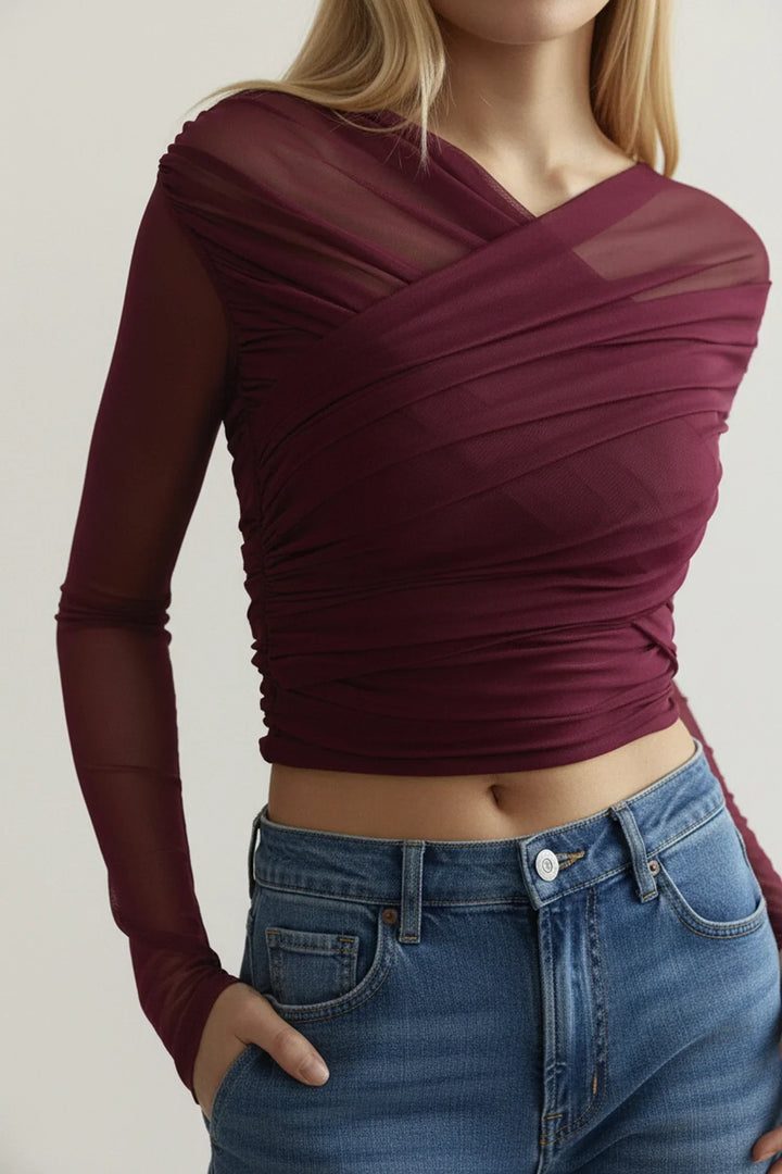 Top plisado de manga larga para mujer – Corte entallado elegante