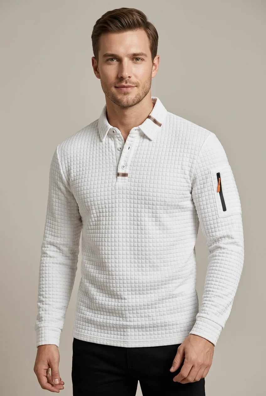 Polo Homme à Manches Longues – Maille Texturée Damier Moderne
