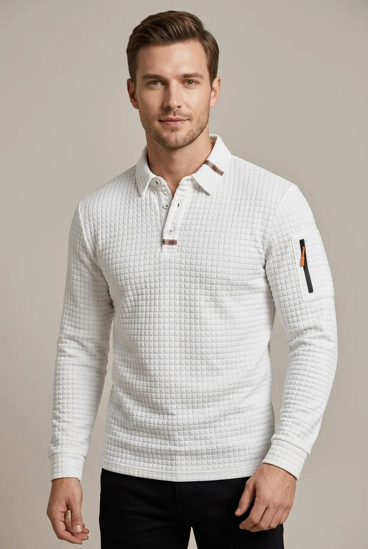 Polo Homme à Manches Longues – Maille Texturée Damier Moderne