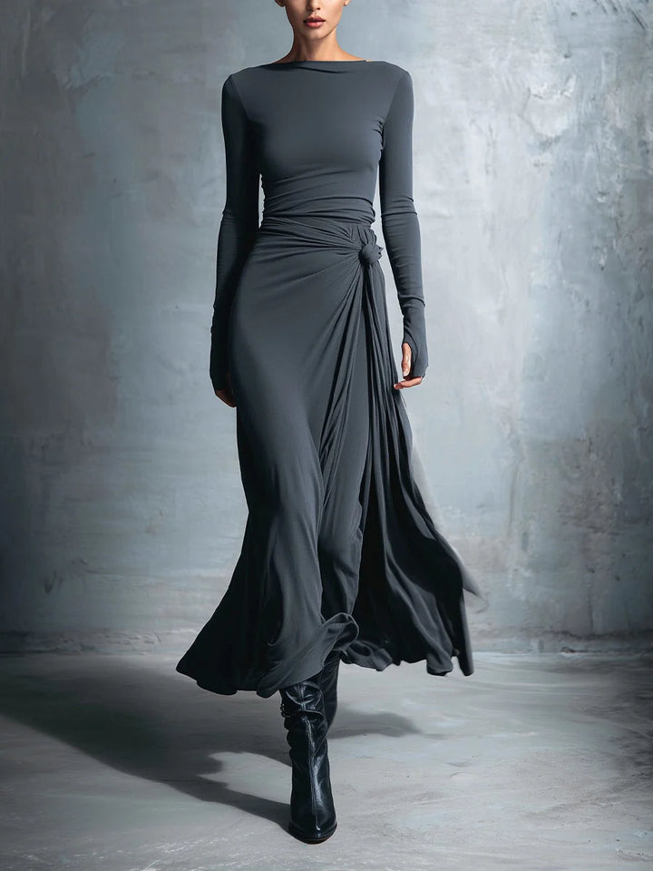 Elegantes Maxi-Wickelkleid für Damen mit Schleifenmuster und langen Ärmeln