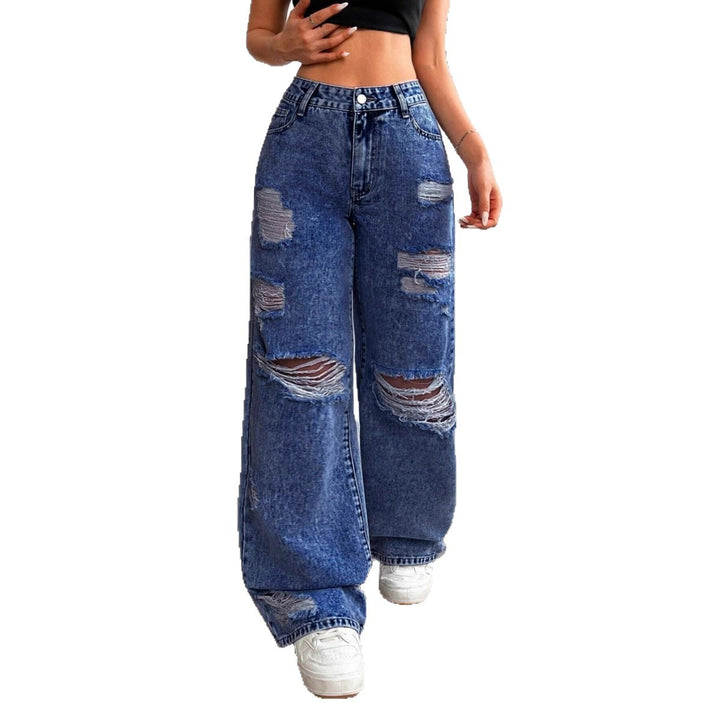 Jeans til kvinder i bomuld med høj talje - bredt, lige snit med slidt effekt