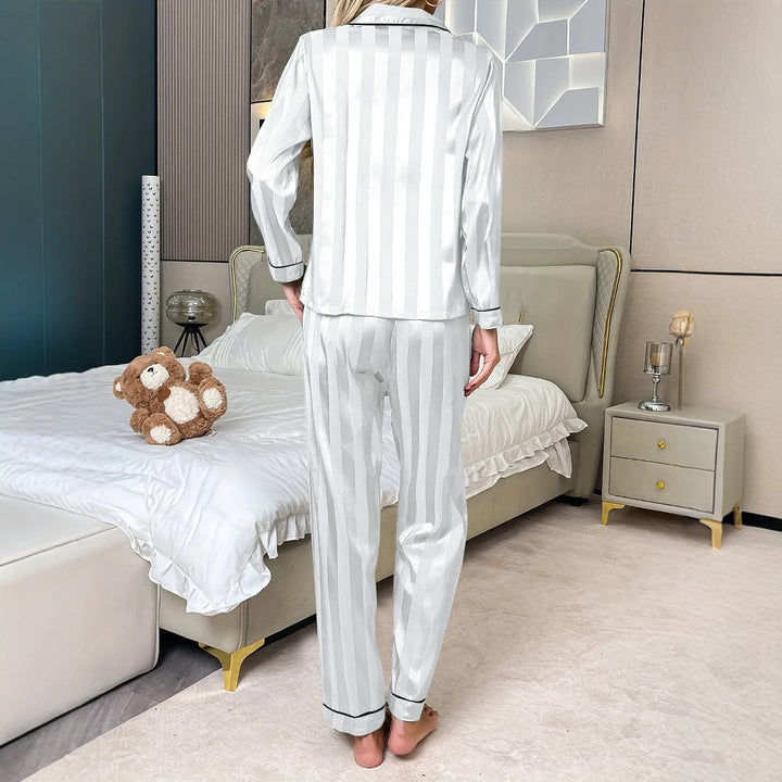Ensemble Deux Pièces Femme Rayé – Cardigan Polo Manche Longue &amp; Pantalon