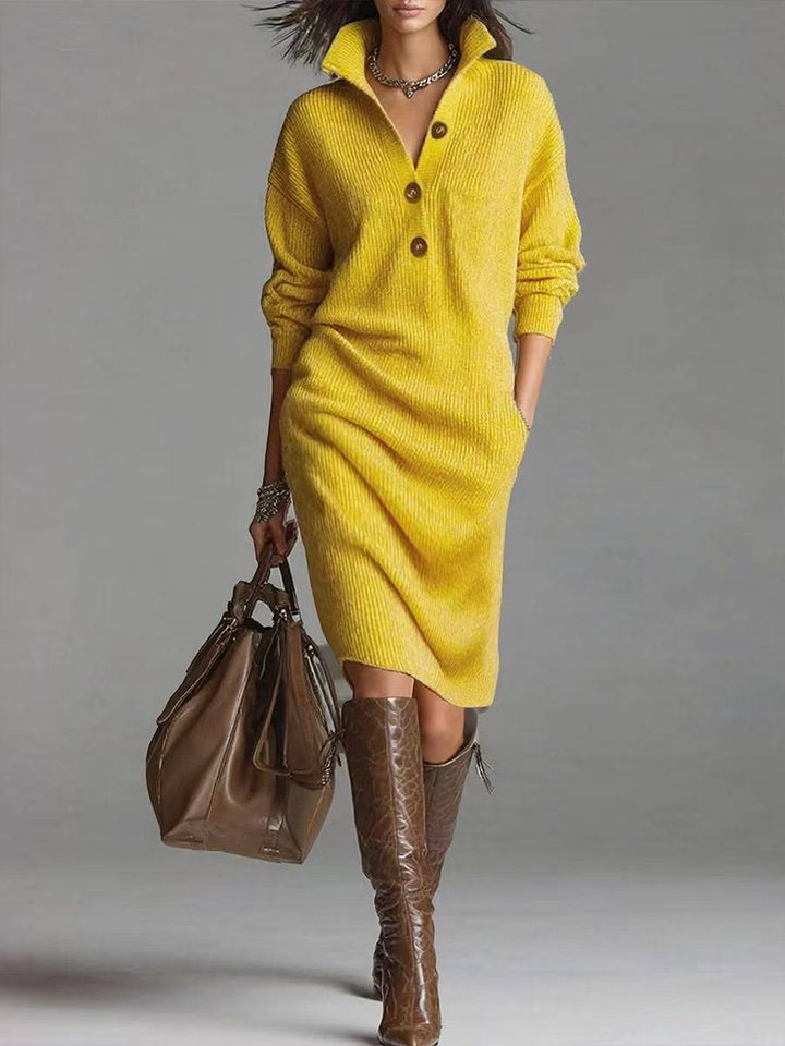 Robe Femme Midi en Maille – Col V Cheminée Boutonné Décontracté