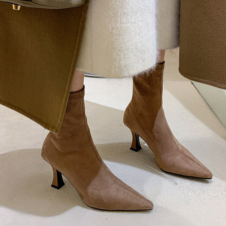 Damen-Stiefelette mit Veloursleder-Schaft – Spitze Zehenkappe, Pfennigabsatz, Reißverschluss hinten