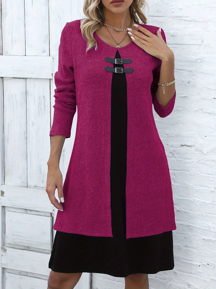 Robe Pull Mini Femme – Détail Double Boucle Poitrine, Manches 3/4