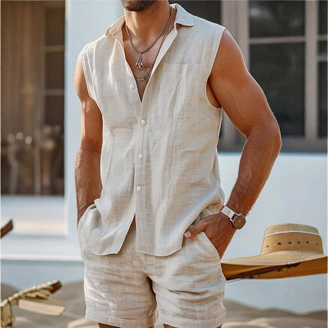 Completo Due Pezzi Uomo in Cotone Misto – Collo Camicia Aperto, Senza Maniche, Leggero