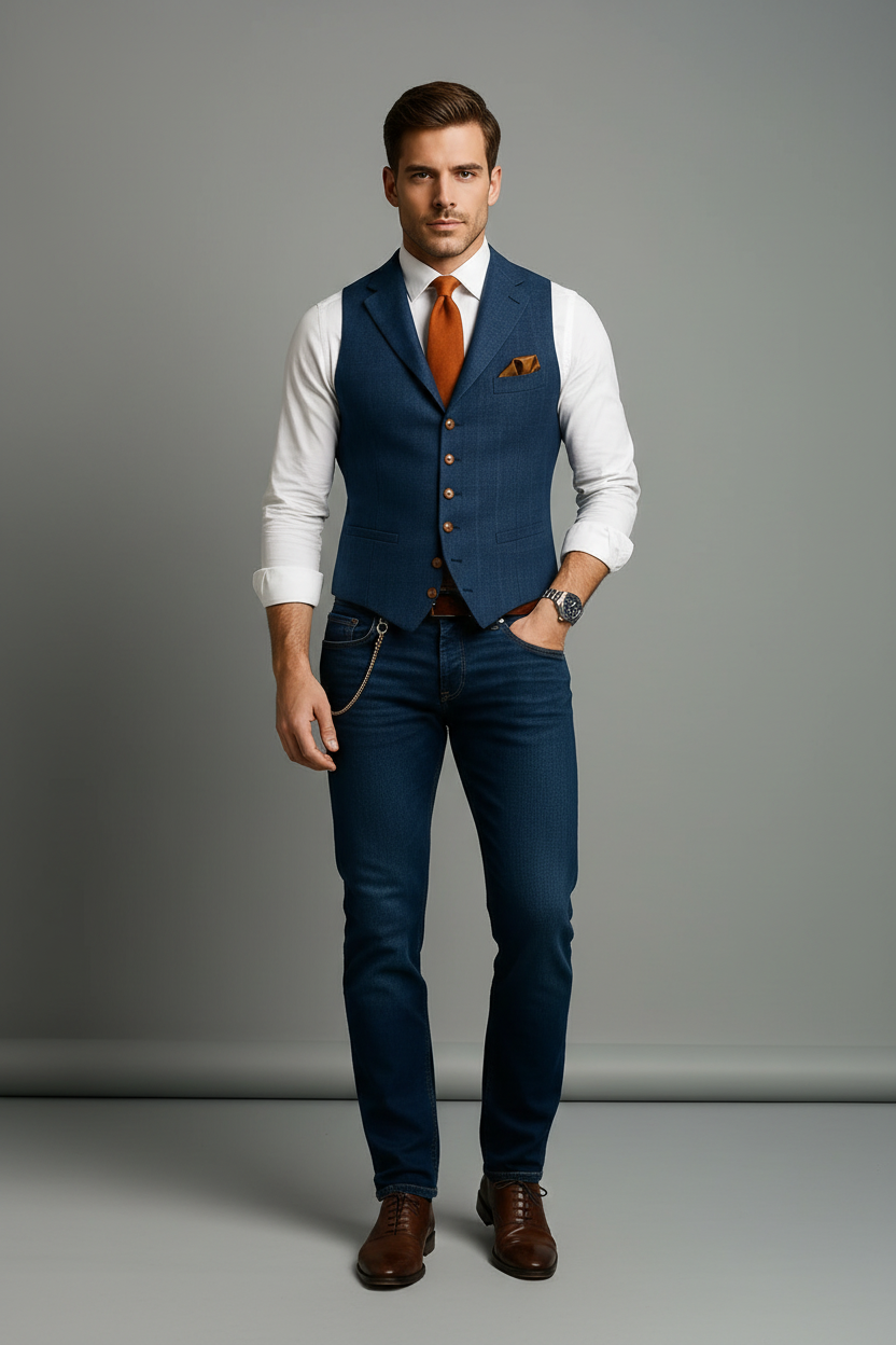 Gilet Homme Slim à Carreaux – Col à Revers Élégant