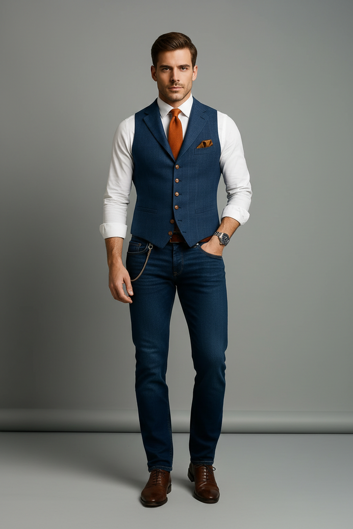 Gilet Homme Slim à Carreaux – Col à Revers Élégant