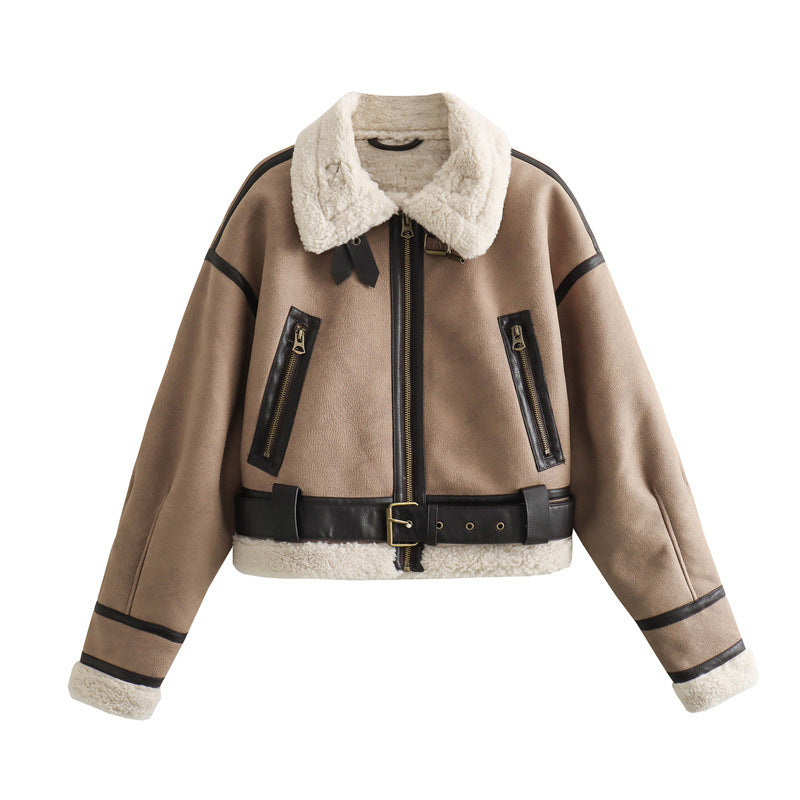 Blouson Aviateur Court Femme – Col Aspect Laine d’Agneau