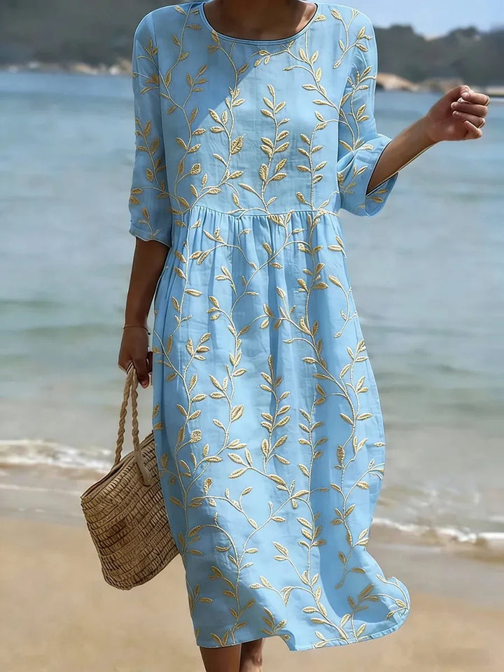 Damen-Midikleid mit Leinenoptik – botanischer Print, legerer Schnitt