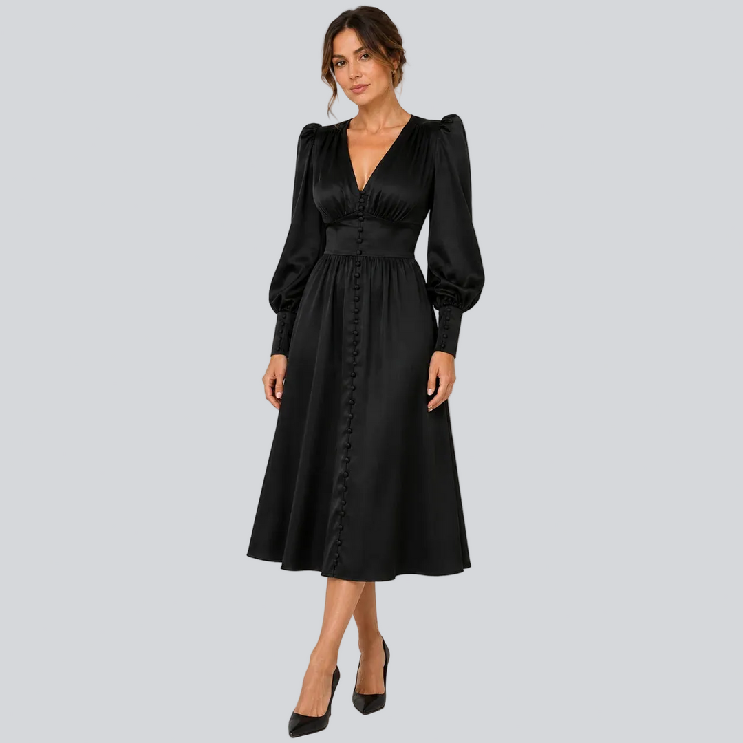 Satin-Midikleid für Damen – Laternenärmel, taillierter Schnitt