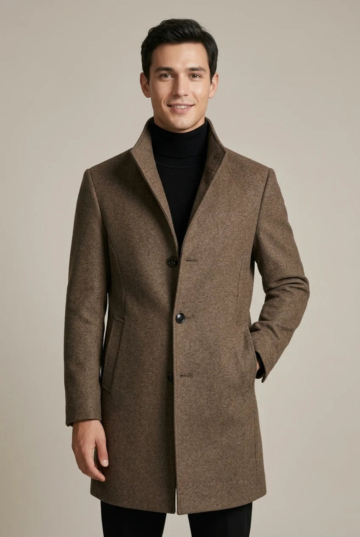 Manteau Homme Trench Col Montant – Coupe Mi-Longue Élégante