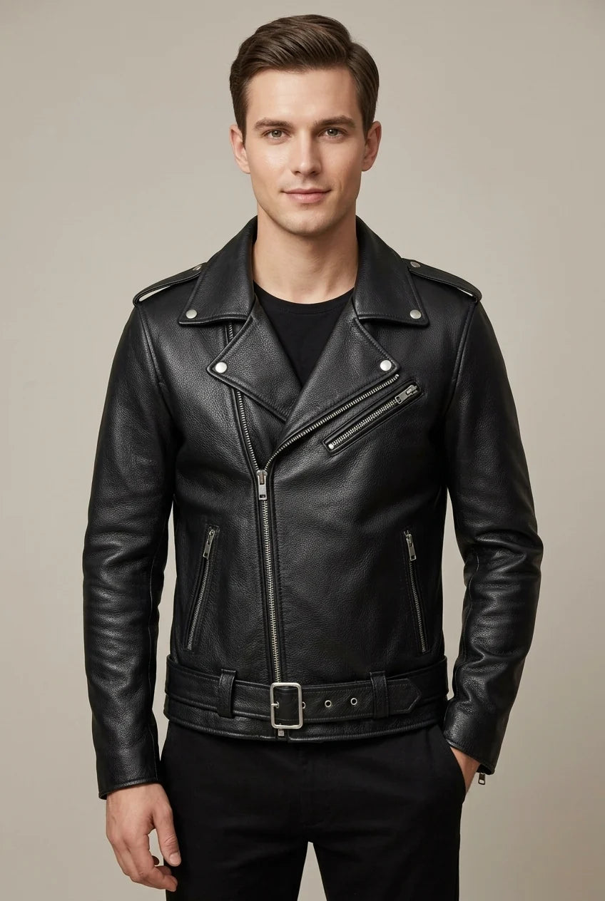 Veste Biker Homme en Cuir Vachette – Fermeture Asymétrique, Taille Ceinturée